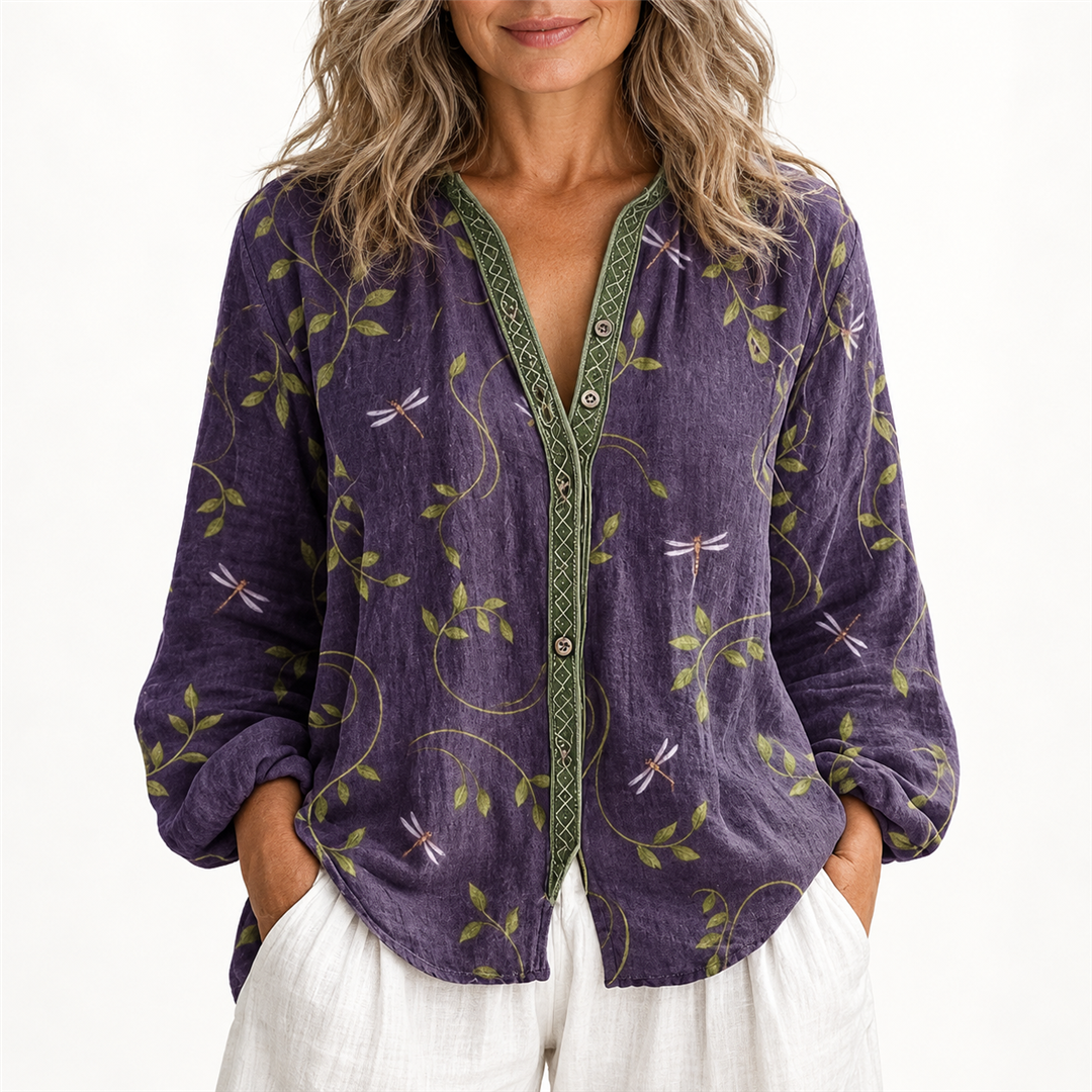 Brianna purple vintage leaf print shirt on a mature woman