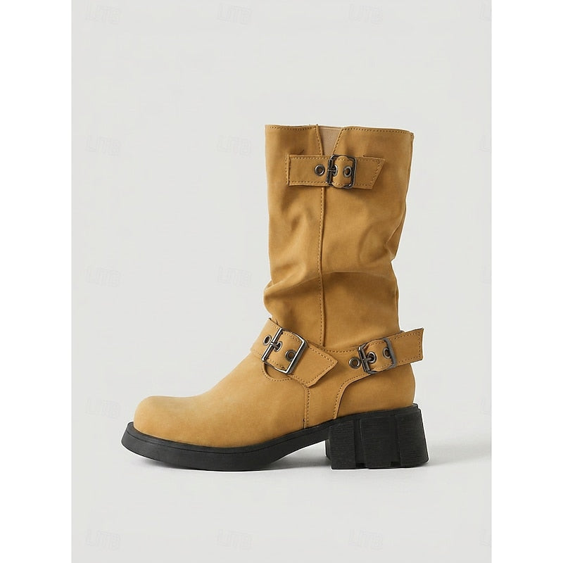 Women's Buckle Biker Boots - Mid-Calf Lug Sole Boots