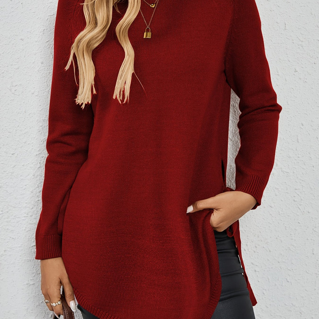 Women's Longline Sweater - Round Neck Side-Slit Knit Top