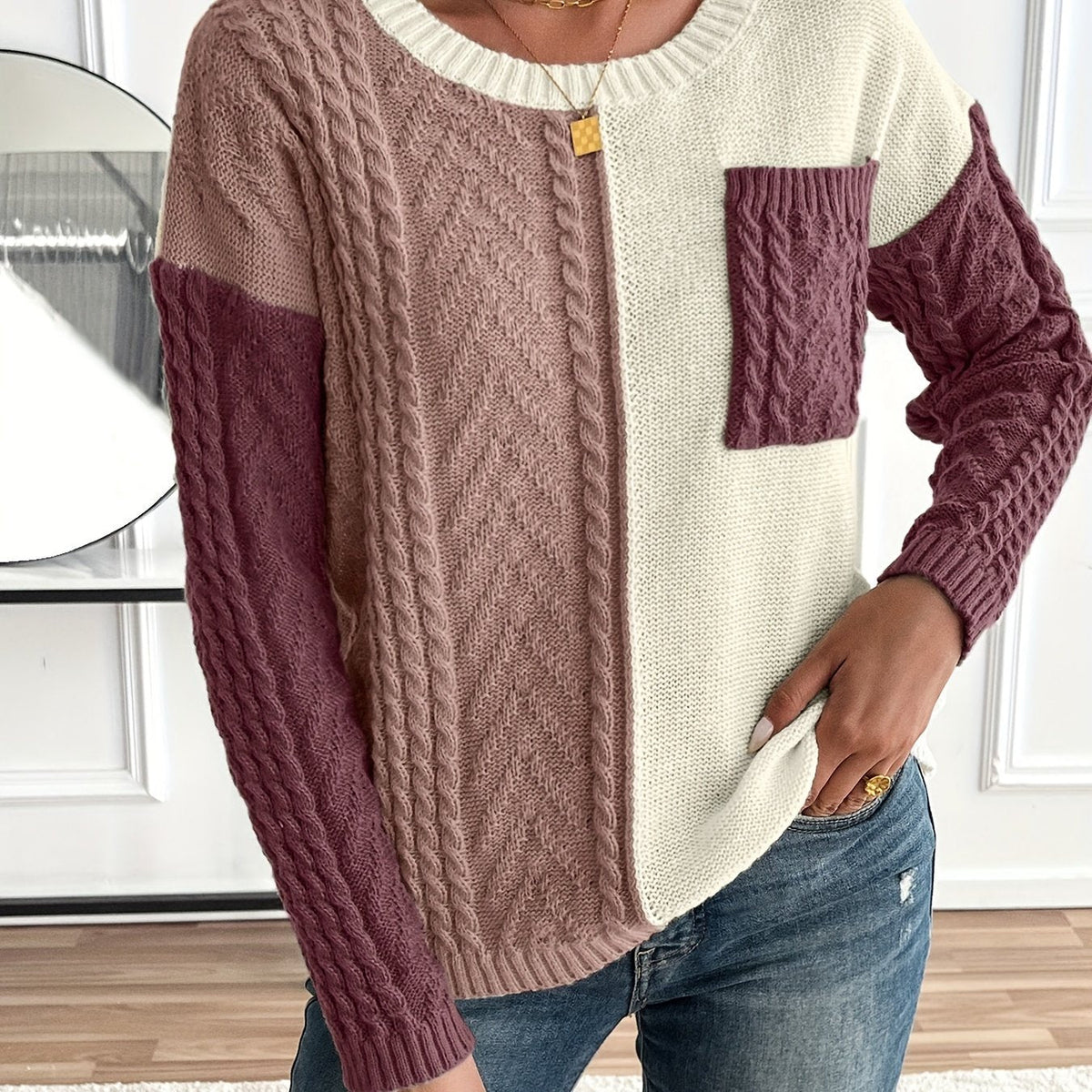 Women's Colour-Block Cable-Knit Jumper