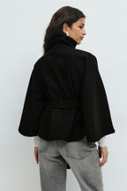 Women's Cape Coat - High-Collar Belted Winter Jacket