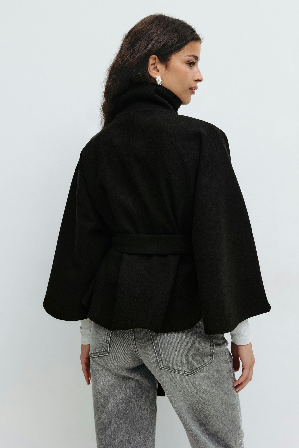 Women's Cape Coat - High-Collar Belted Winter Jacket