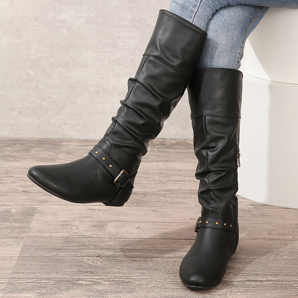 Women's Slouch Riding Boots - Buckle and Knee-High Shaft