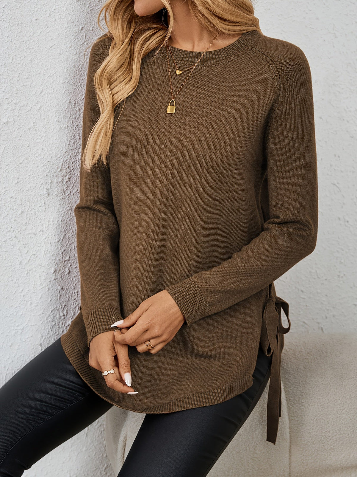 Women's Longline Sweater - Round Neck Side-Slit Knit Top