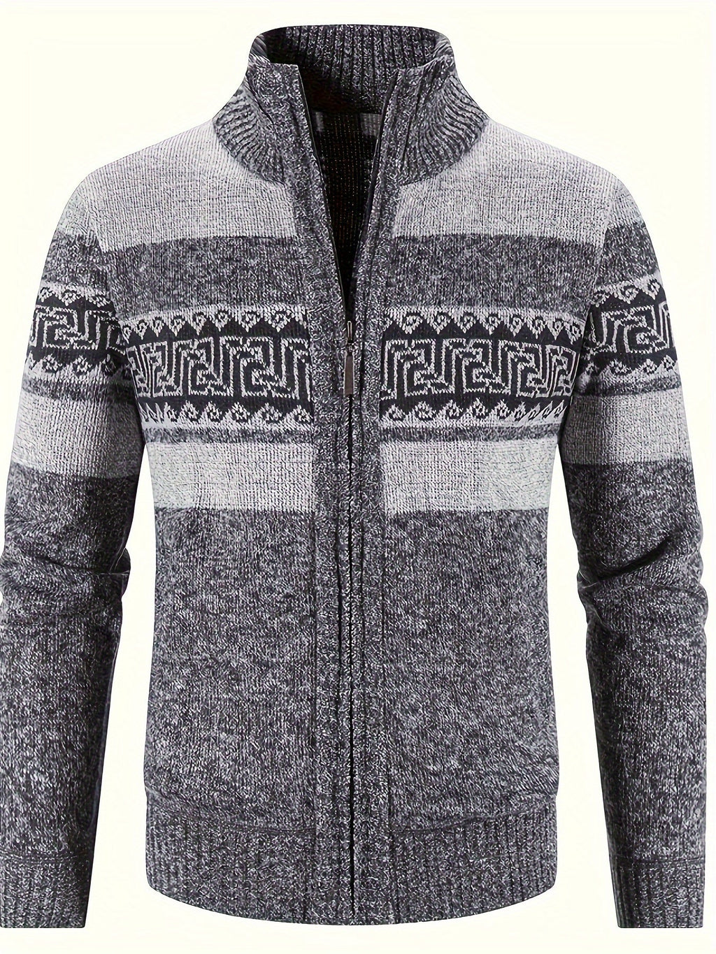 Men's Patterned Cardigan - Full-Zip Stand-Collar Knitwear