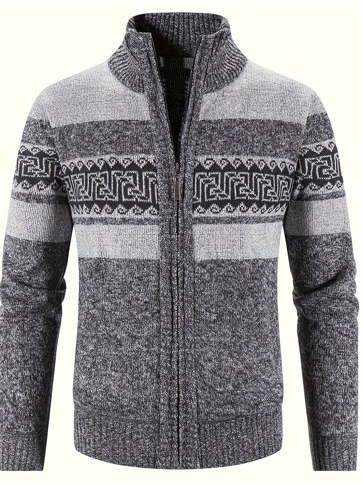 Men's Patterned Cardigan - Full-Zip Stand-Collar Knitwear
