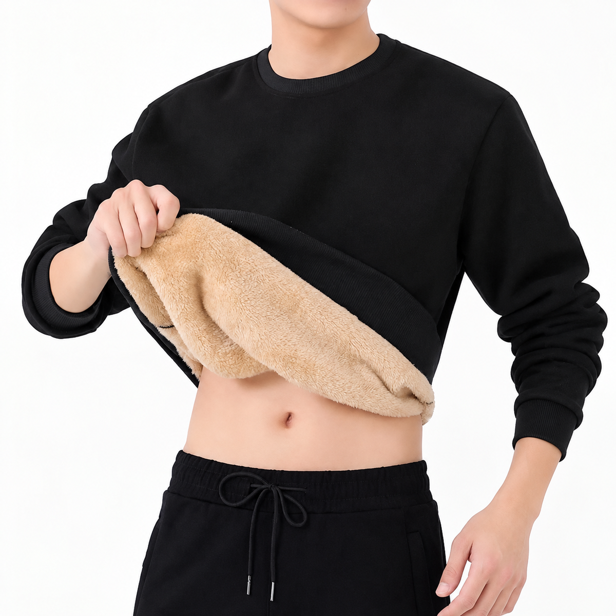 Men's Fleece Sweatshirt- Crew Neck and Ribbed Trim