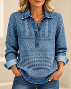 Women's blue cable-knit sweater with denim collar