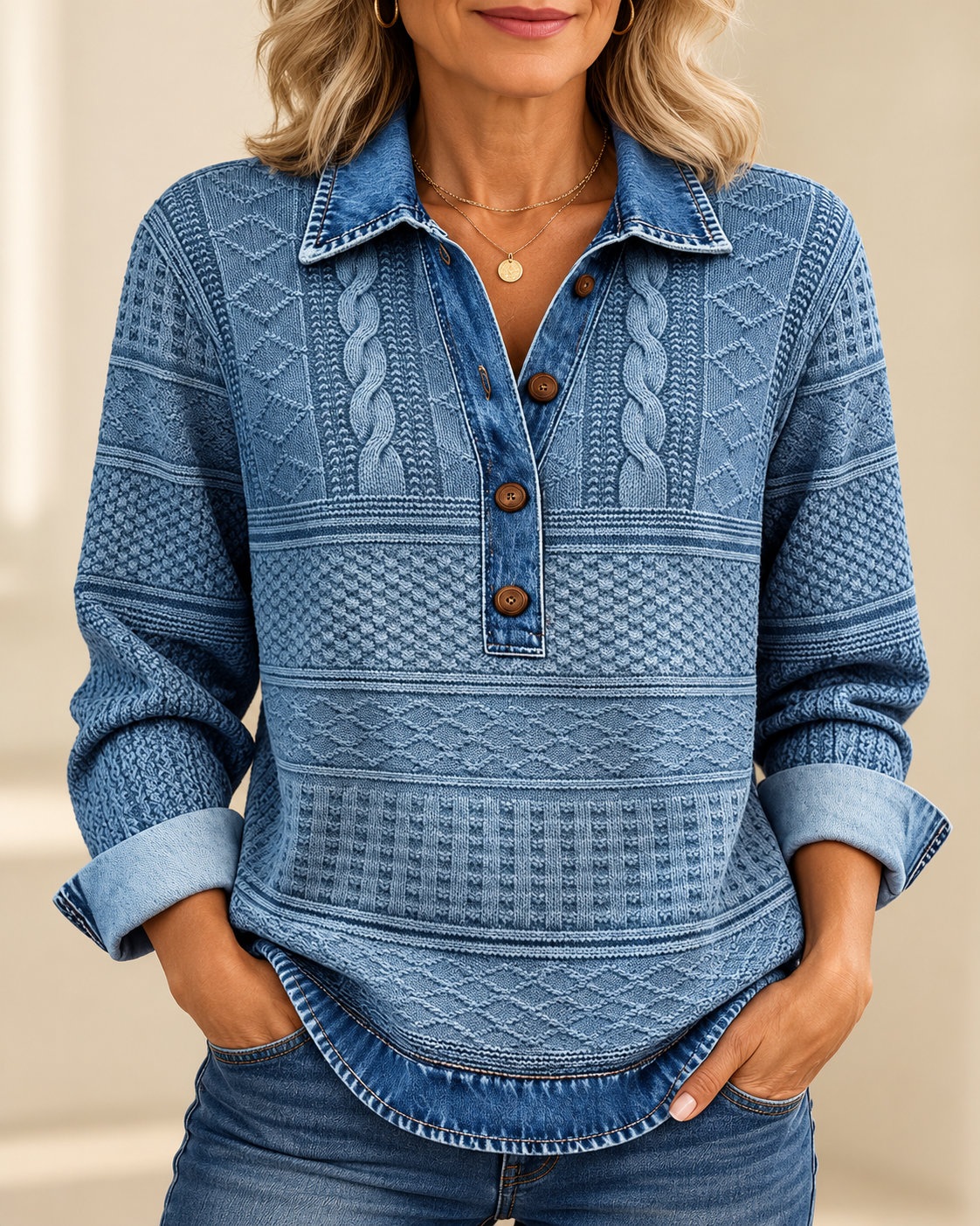 Women's blue cable-knit sweater with denim collar