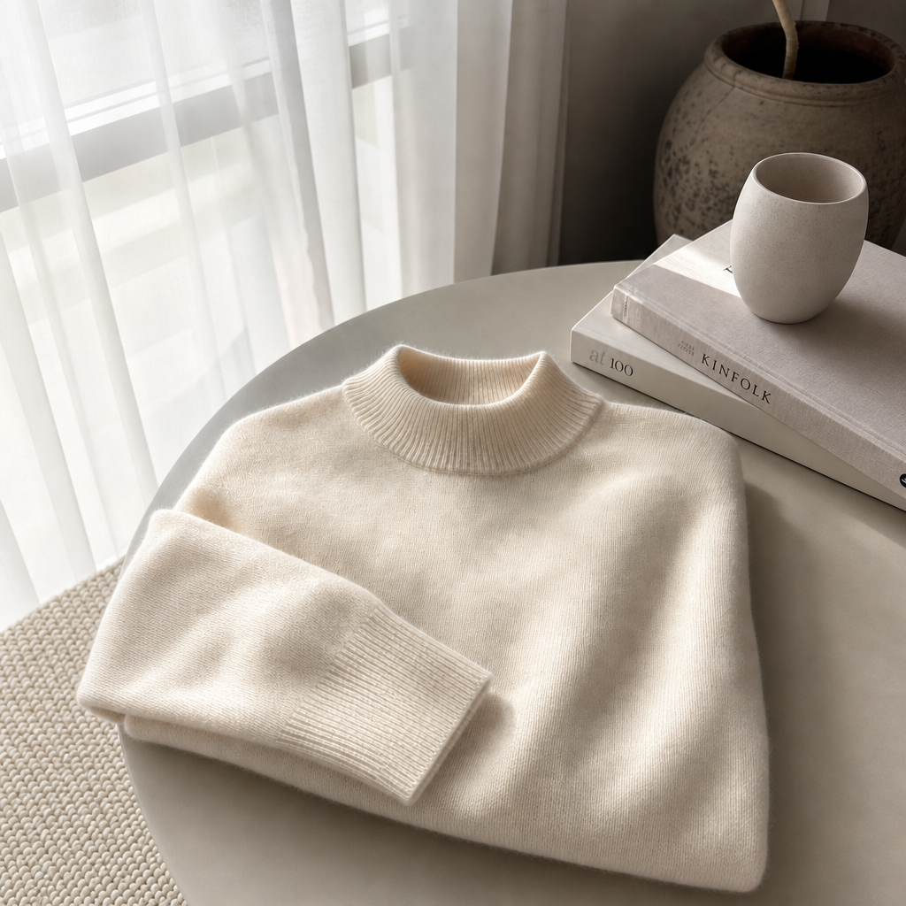 Women's Mock-Neck Jumper- Fine Knit with Ribbed Trim