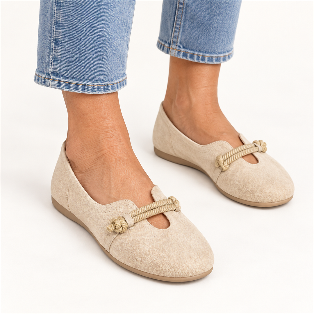 Camilla beige lace loafers on a mature woman