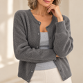 Women's grey round-neck button-front knit cardigan