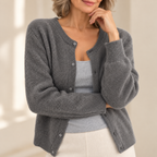 Women's grey round-neck button-front knit cardigan