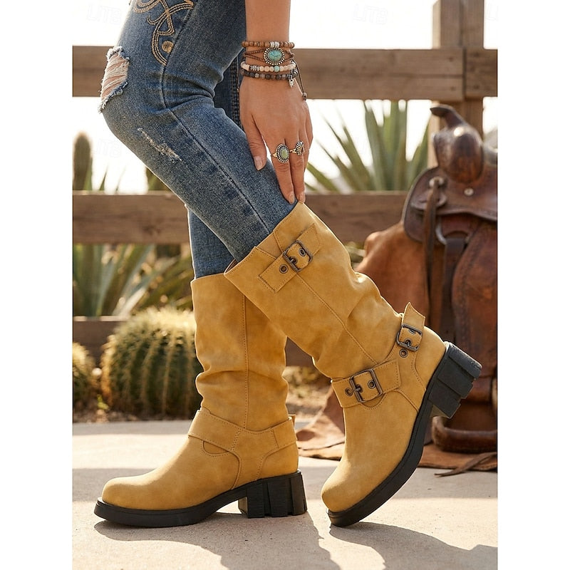 Women's Buckle Biker Boots - Mid-Calf Lug Sole Boots