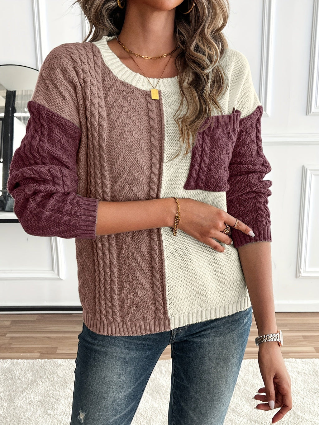 Women's Colour-Block Cable-Knit Jumper