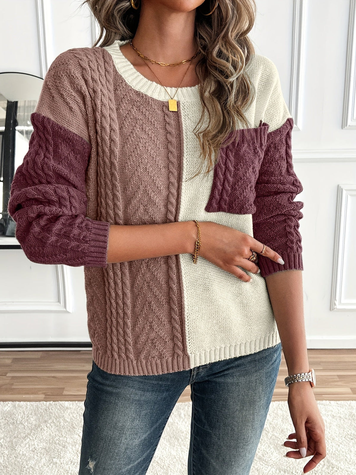 Women's Colour-Block Cable-Knit Jumper