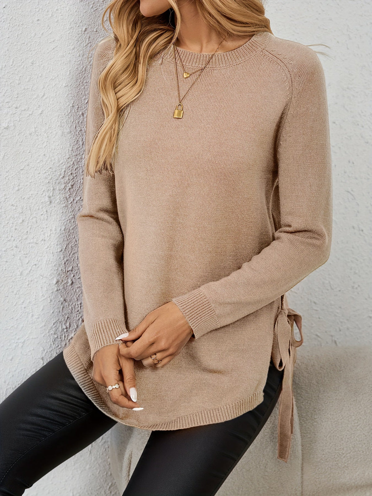 Women's Longline Sweater - Round Neck Side-Slit Knit Top