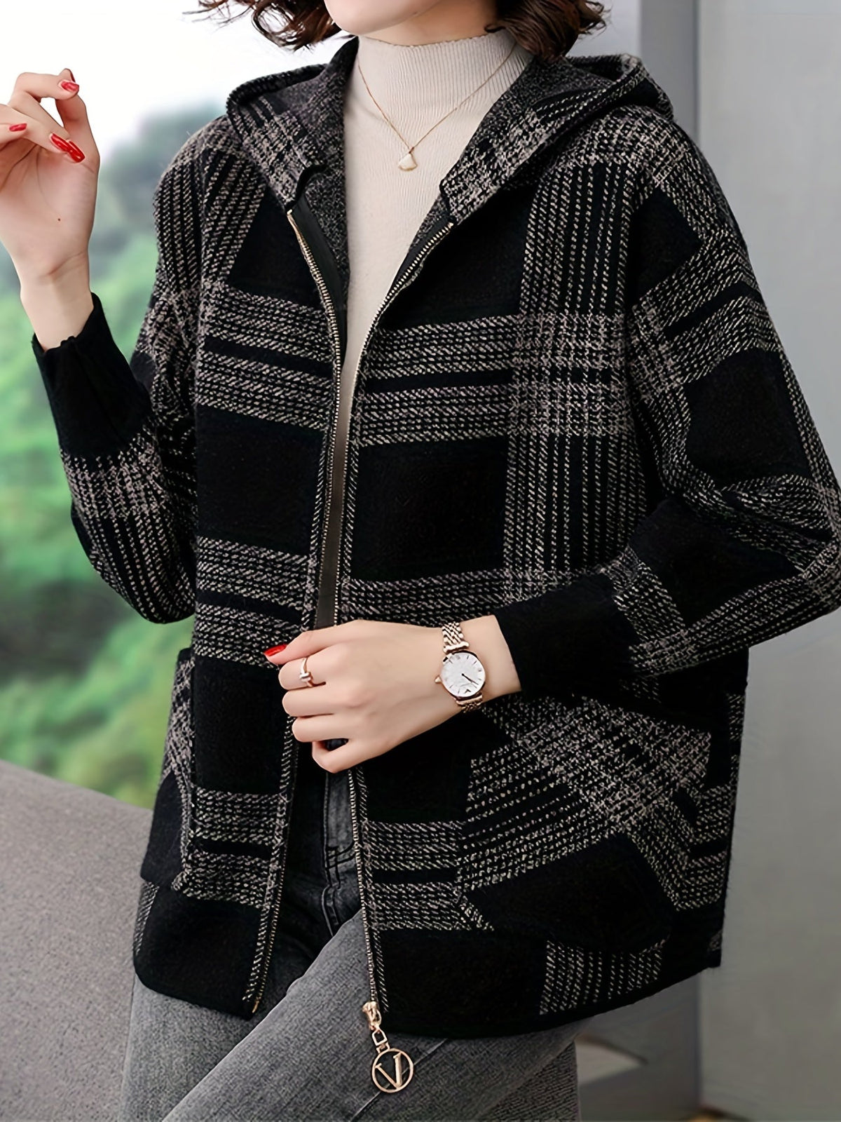 Women's Checked Hooded Jacket - Zip-Up Outerwear