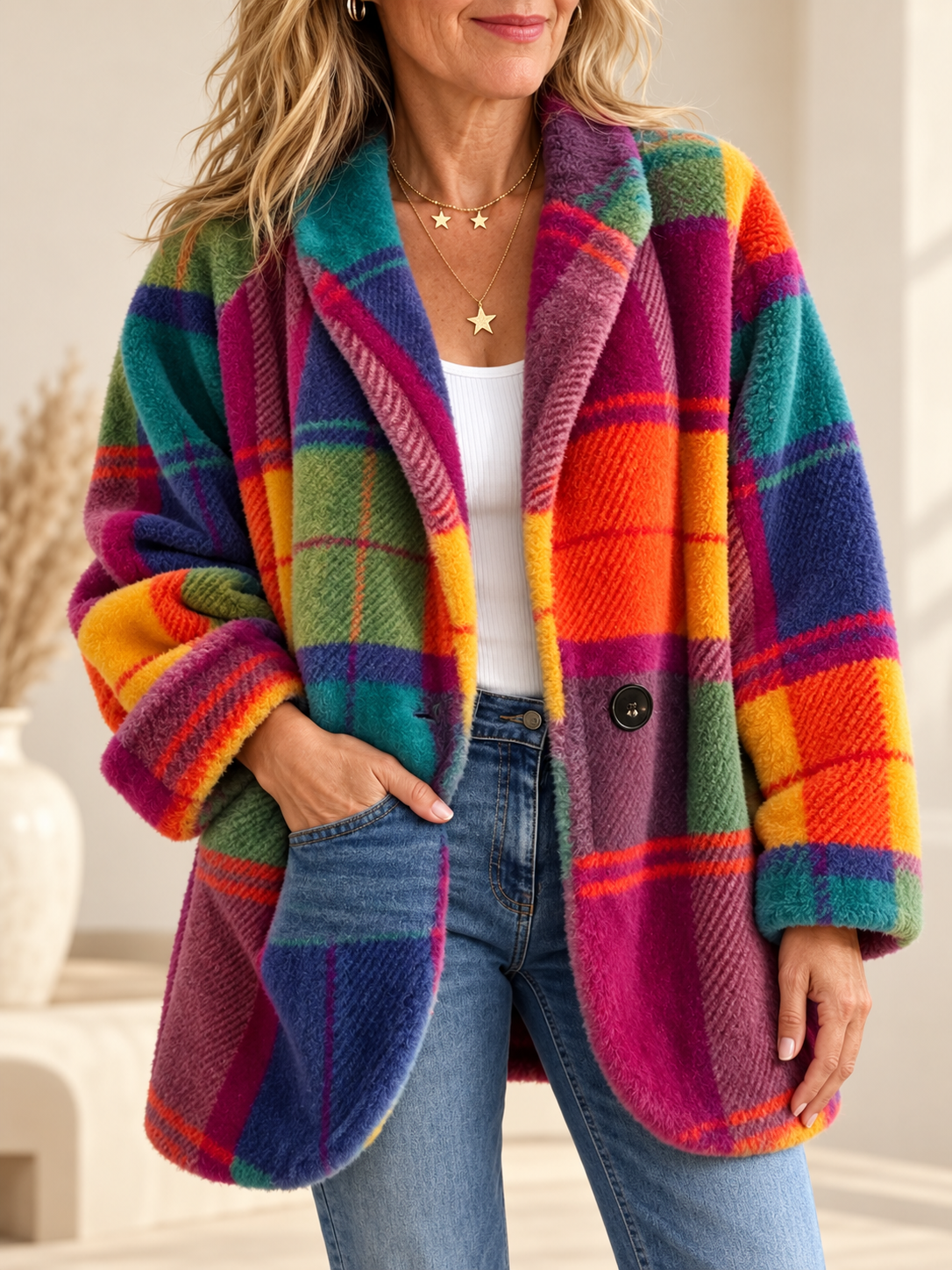 Women's multicolour check fleece jacket
