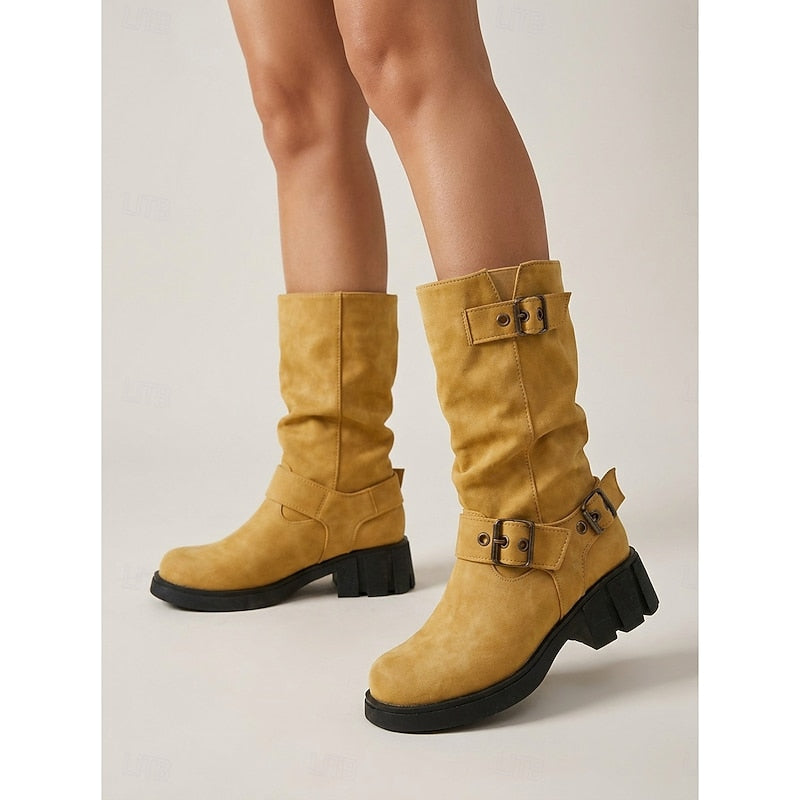Women's Buckle Biker Boots - Mid-Calf Lug Sole Boots