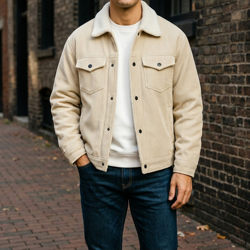 Men's Corduroy Jacket- Fleece Lining and Button Front