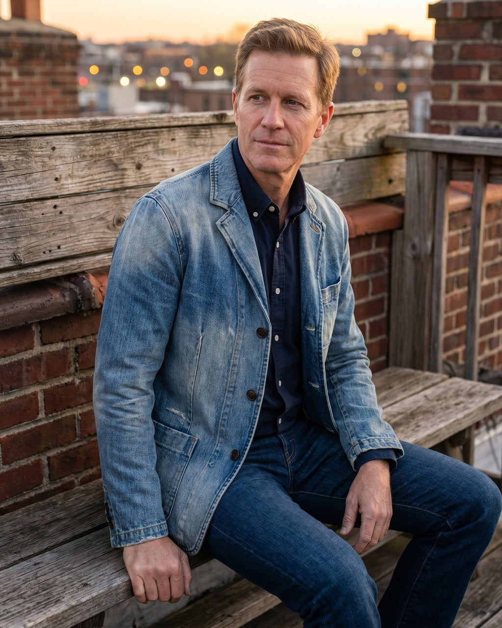 Men's Washed Denim Blazer - Notched-Lapel Jacket