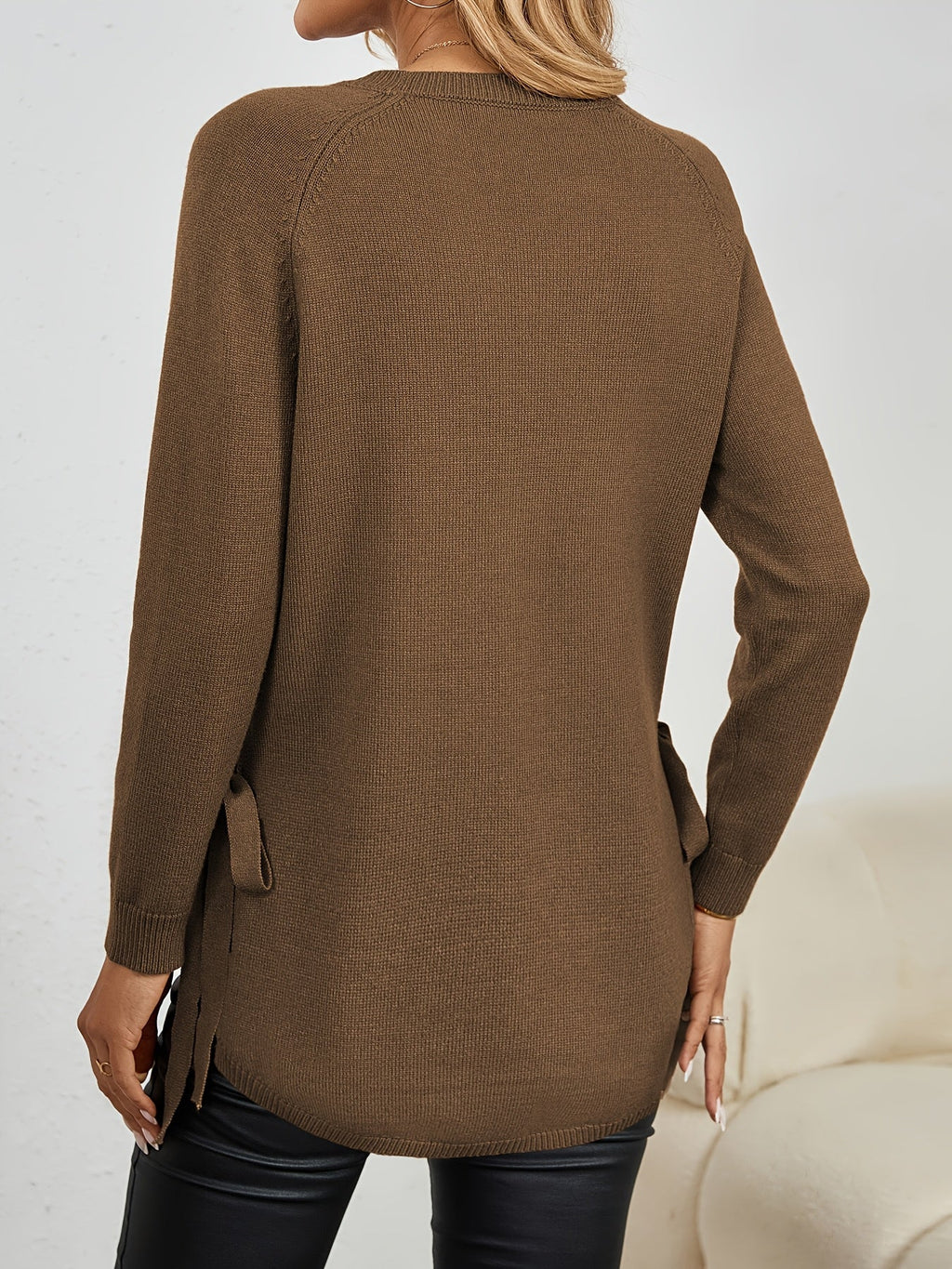 Women's Longline Sweater - Round Neck Side-Slit Knit Top