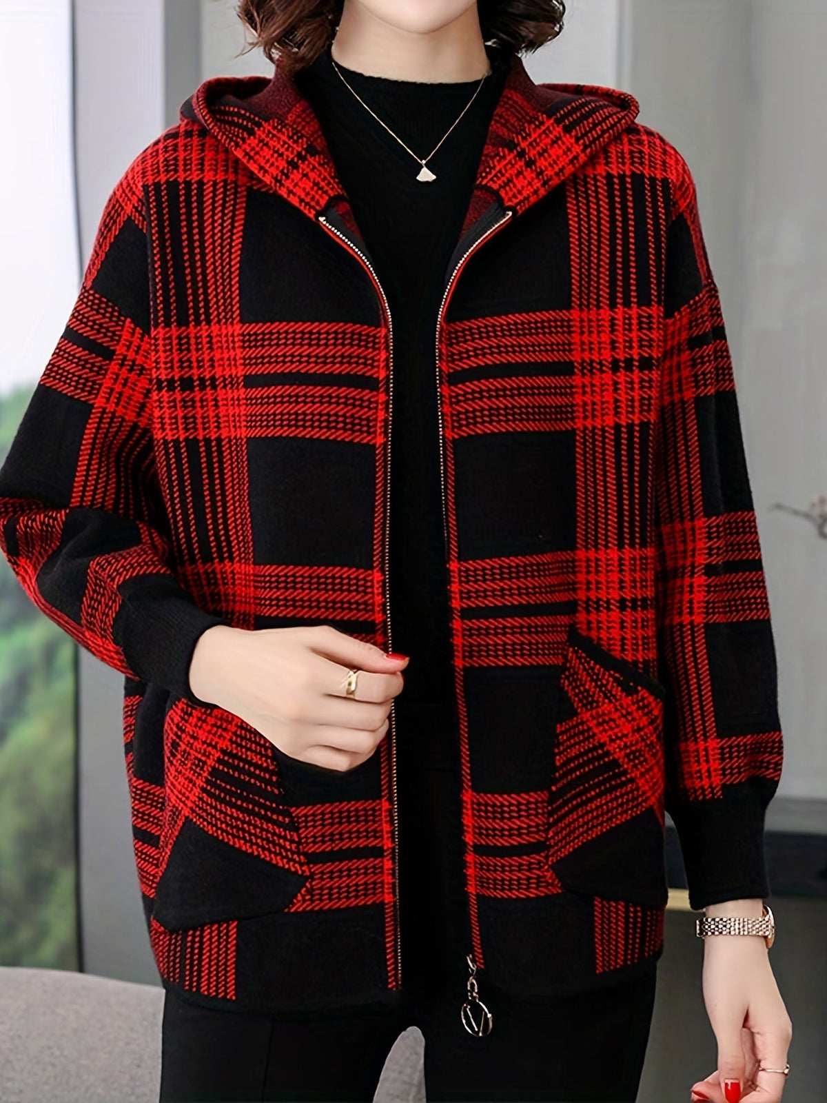 Women's Checked Hooded Jacket - Zip-Up Outerwear