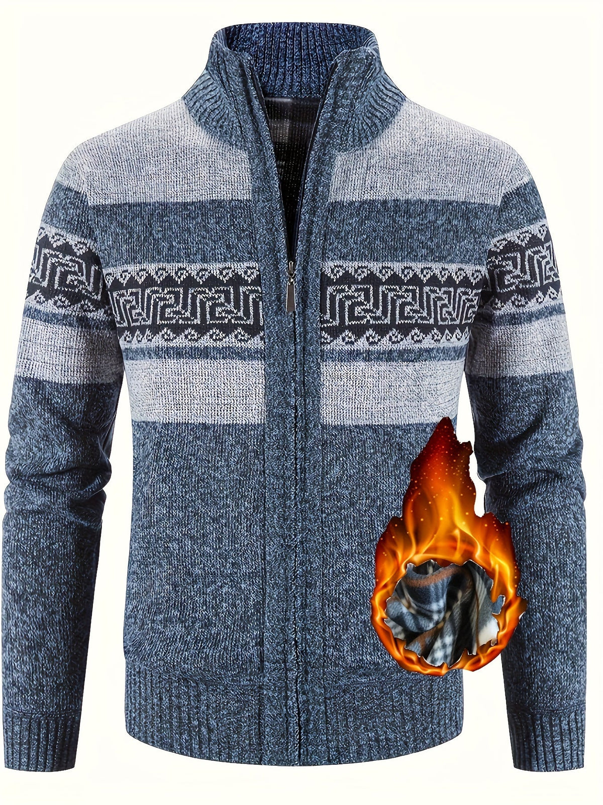 Men's Patterned Cardigan - Full-Zip Stand-Collar Knitwear