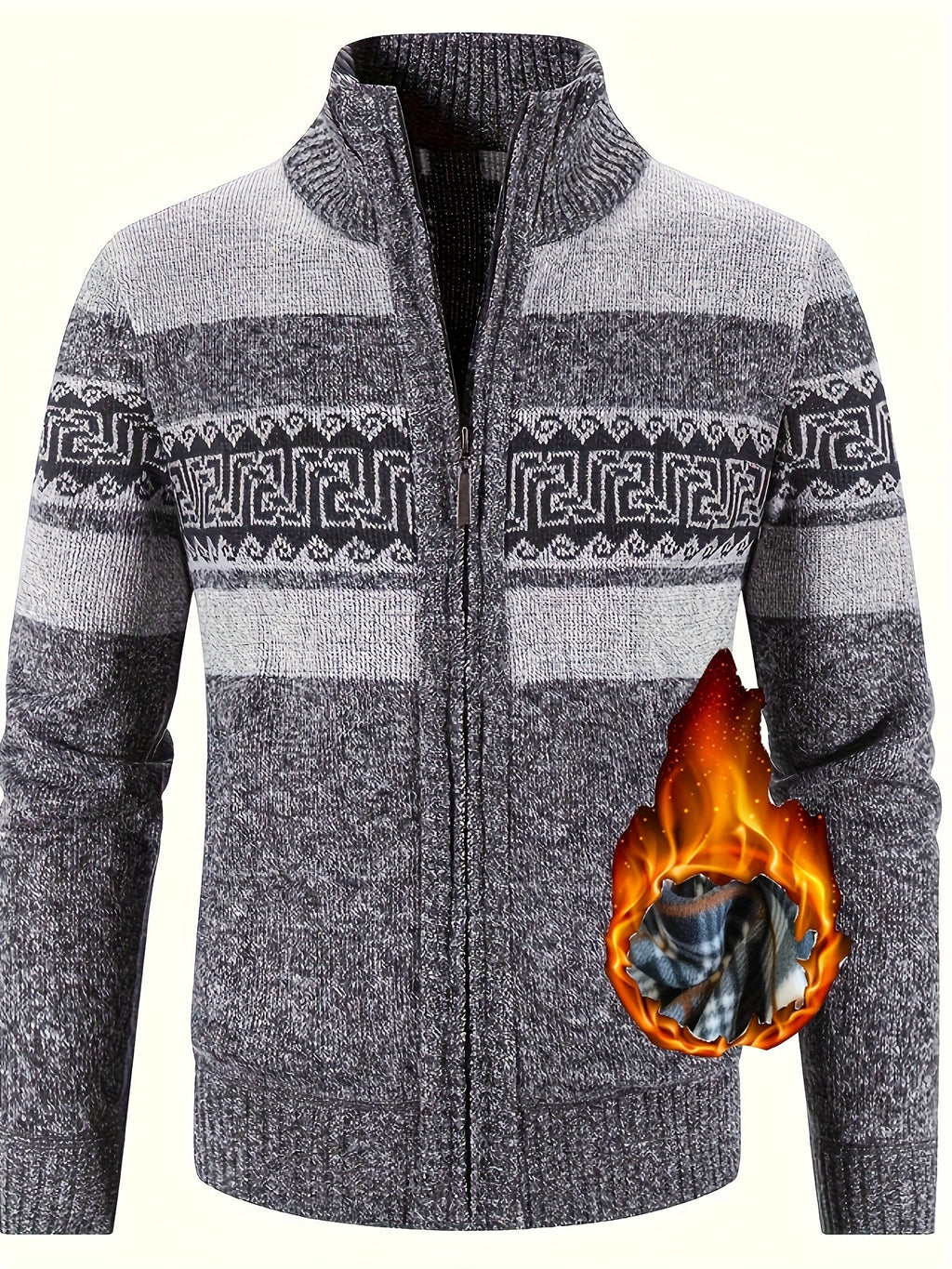 Men's Patterned Cardigan - Full-Zip Stand-Collar Knitwear