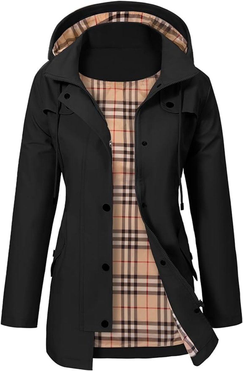 Women's Hooded Coat- Check Lining and Waist Drawcord