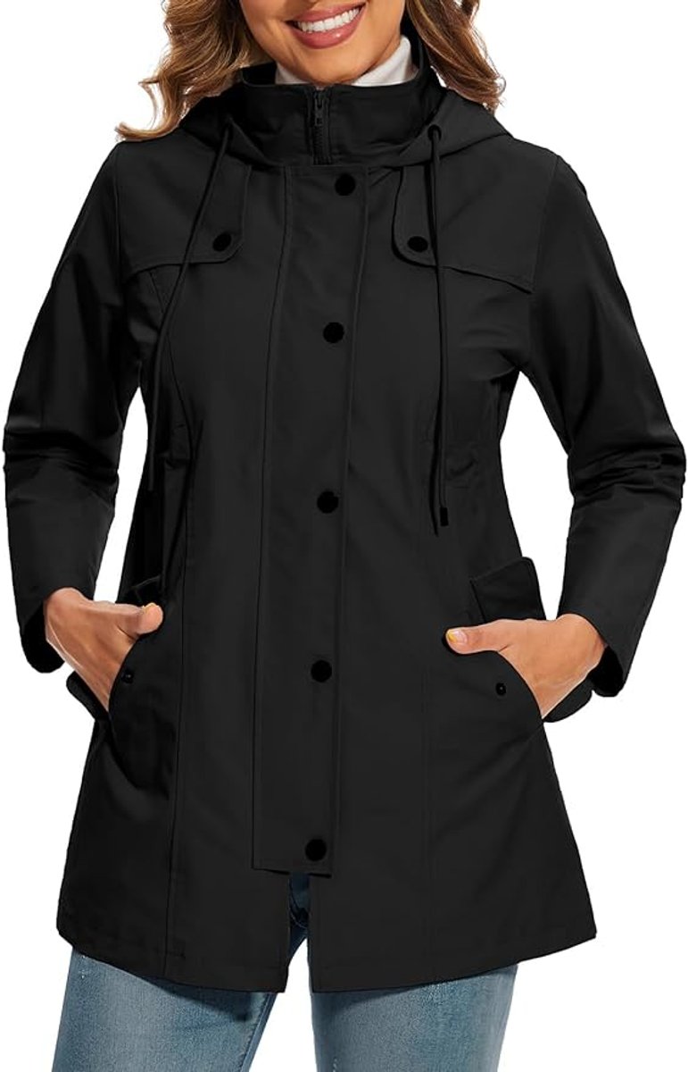 Women's Hooded Coat- Check Lining and Waist Drawcord