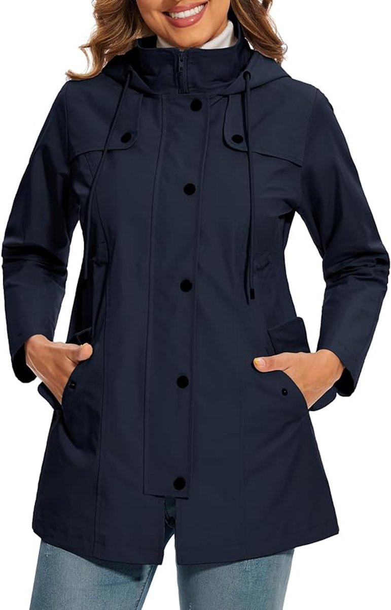 Women's Hooded Coat- Check Lining and Waist Drawcord