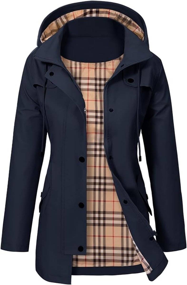 Women's Hooded Coat- Check Lining and Waist Drawcord