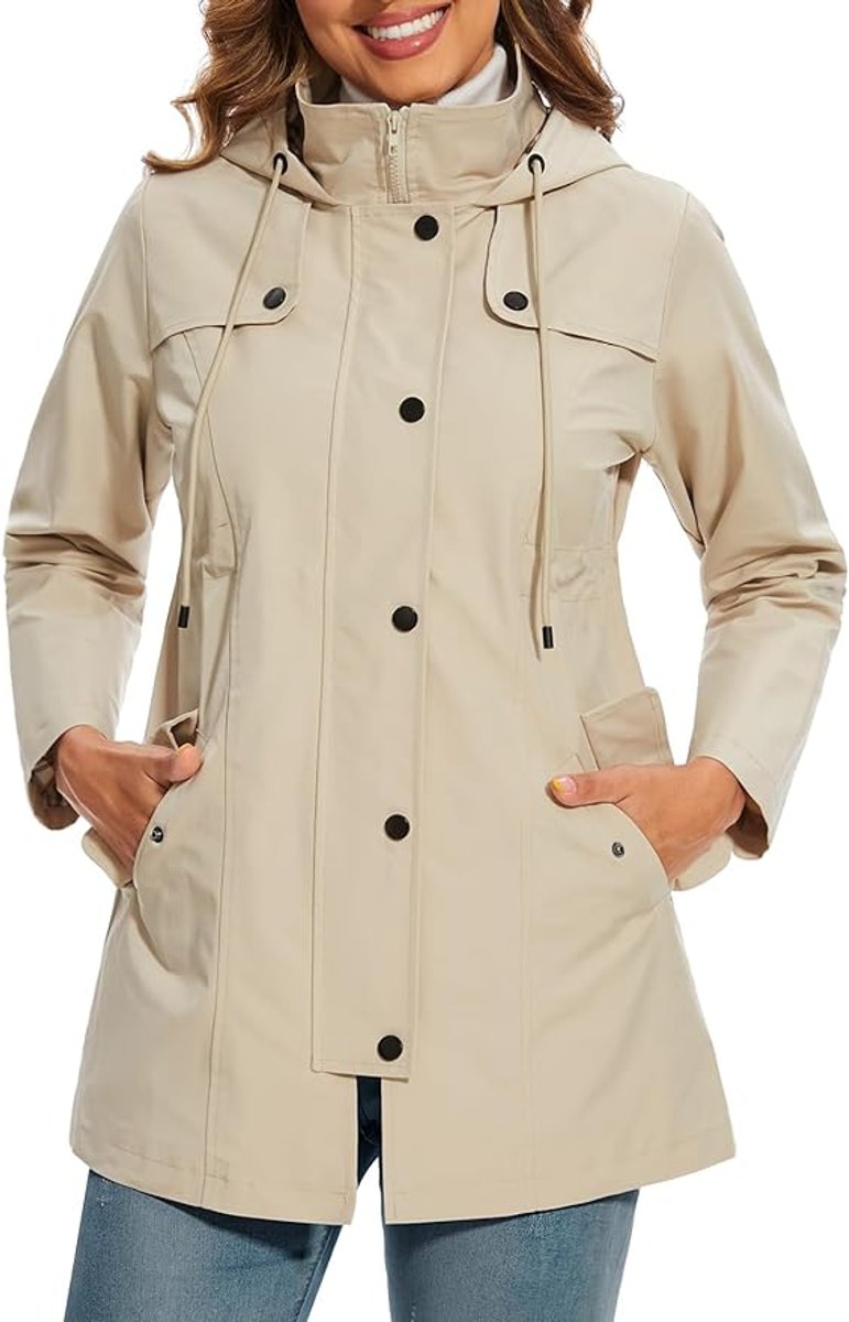 Women's Hooded Coat- Check Lining and Waist Drawcord