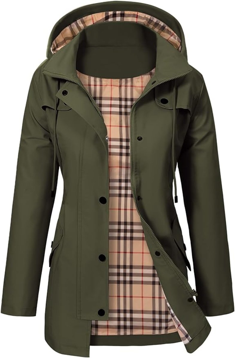 Women's Hooded Coat- Check Lining and Waist Drawcord