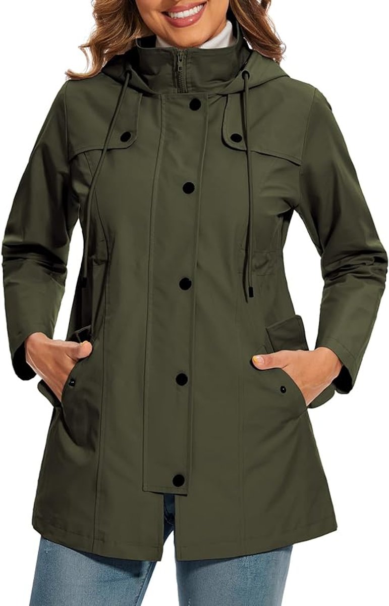 Women's Hooded Coat- Check Lining and Waist Drawcord