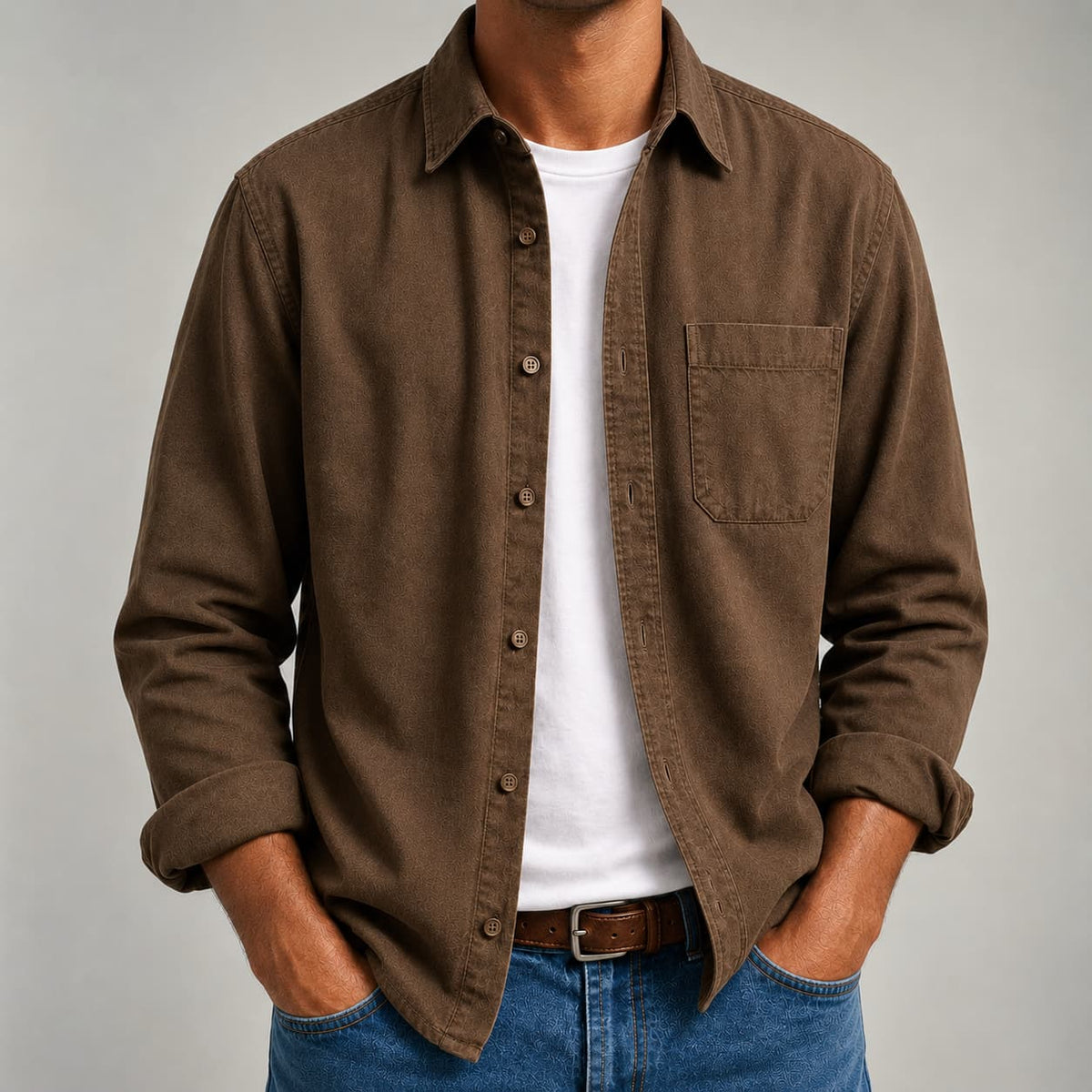 Men's Button-Up Shirt- Long-Sleeve Chest-Pocket Top