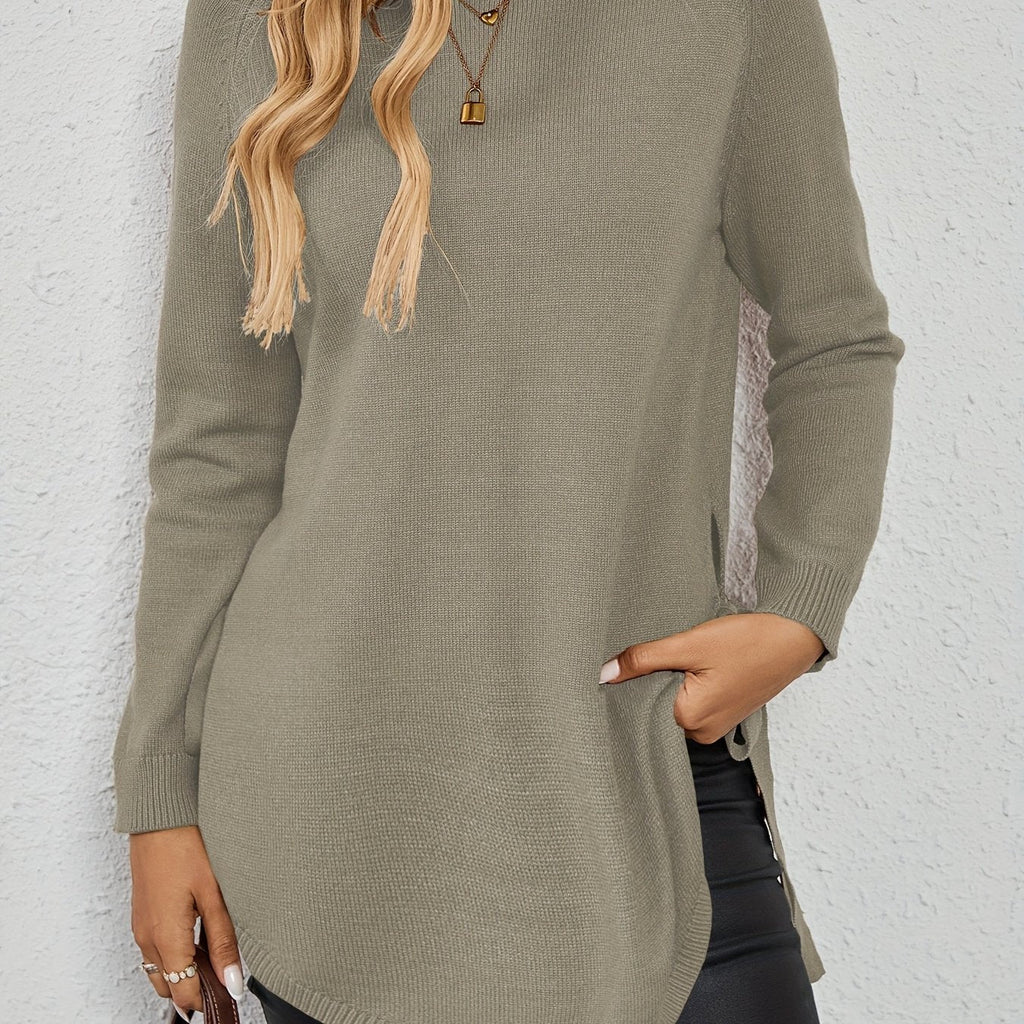 Women's Longline Sweater - Round Neck Side-Slit Knit Top