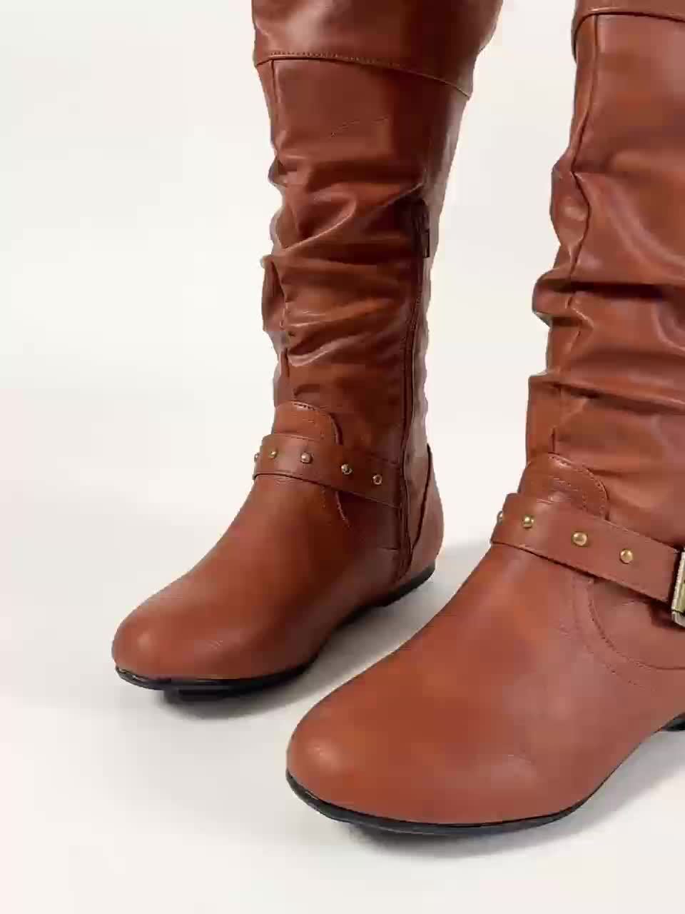 Women's Slouch Riding Boots - Buckle and Knee-High Shaft