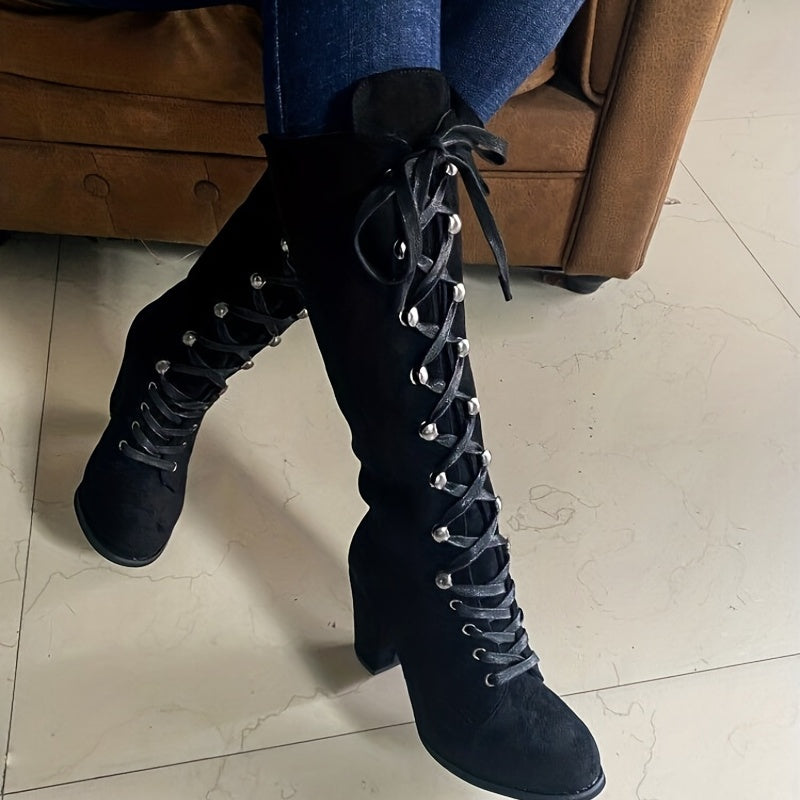 Women's Tall Lace-Up Boots - Chunky Heel