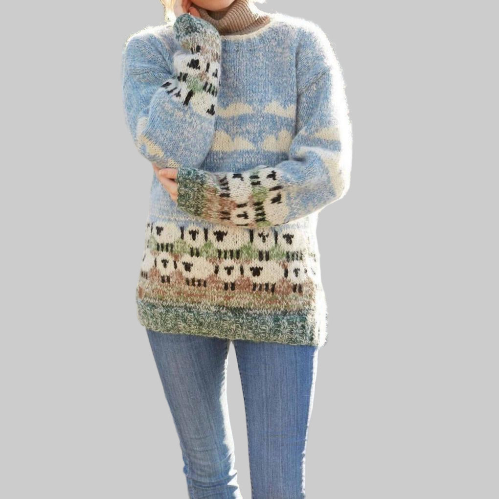 Women's Sheep Motif Knit Pullover with Round Neckline