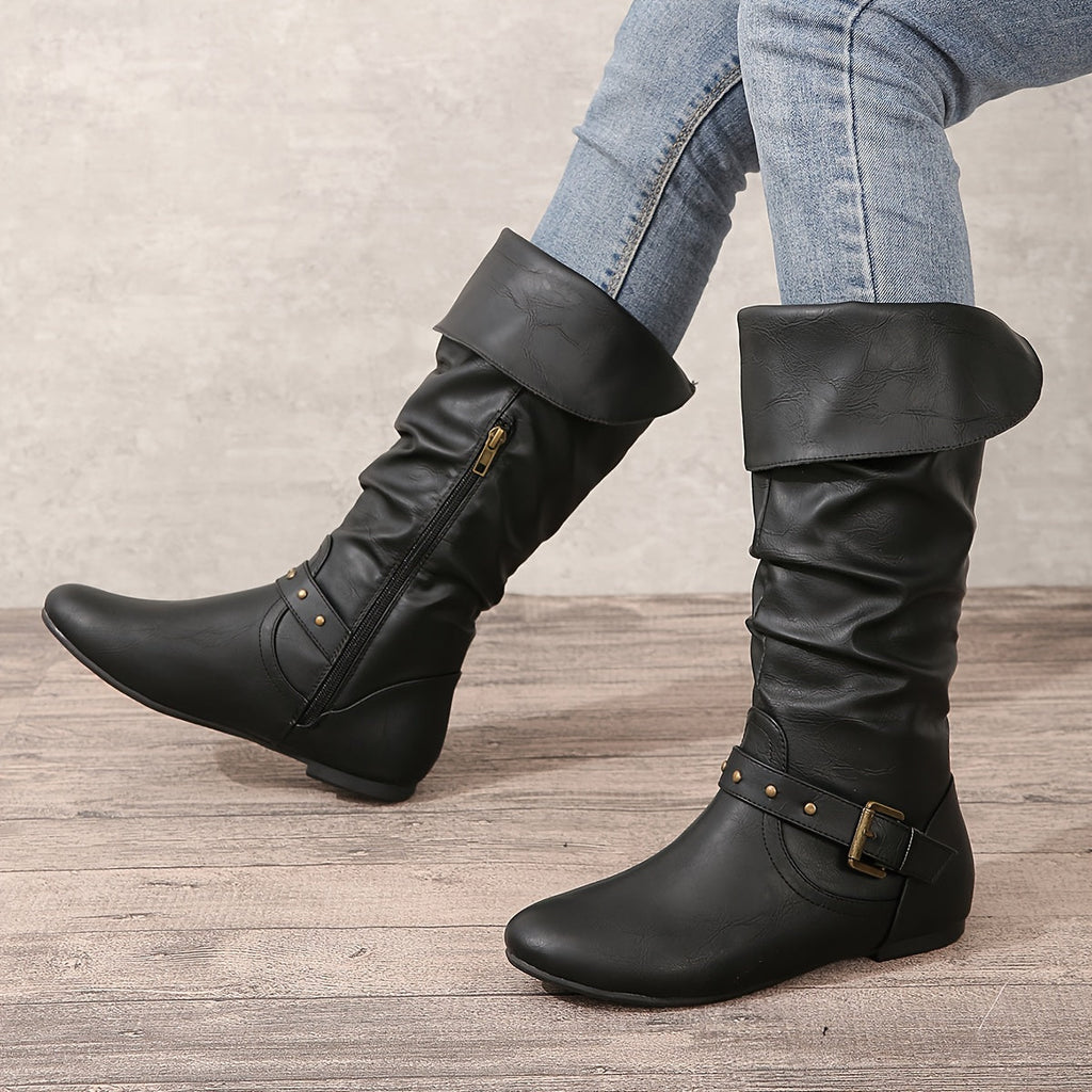 Women's Slouch Riding Boots - Buckle and Knee-High Shaft