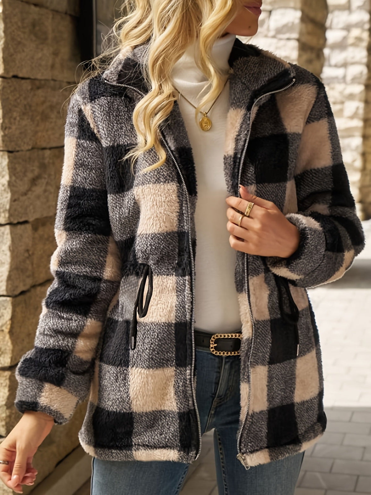 Women's Checked Hooded Jacket - Longline Zip-Up Outerwear