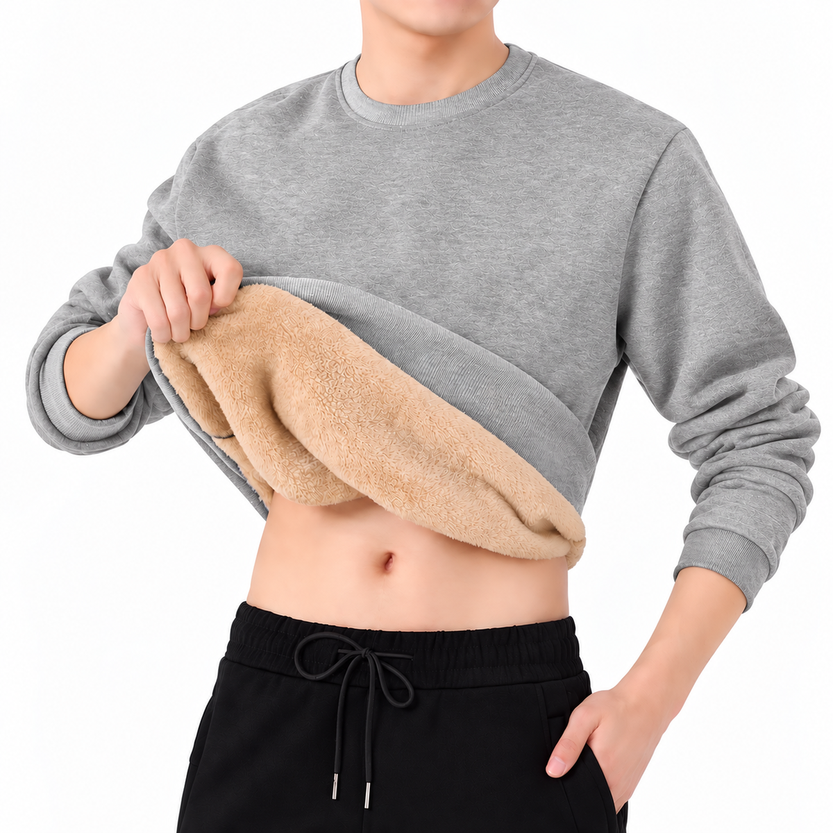 Men's Fleece Sweatshirt- Crew Neck and Ribbed Trim