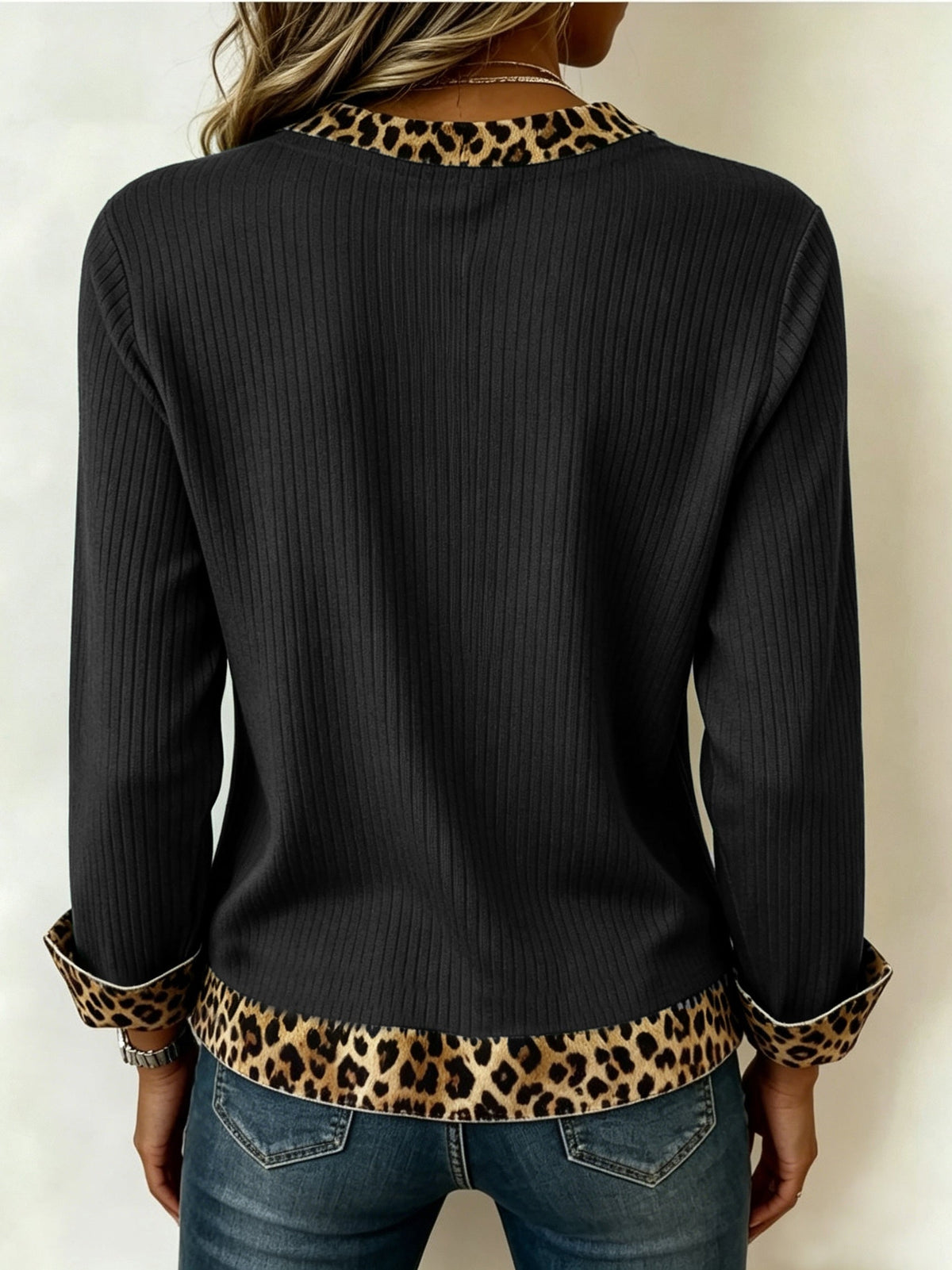 Women's V-Neck Top- Animal-Print Trim