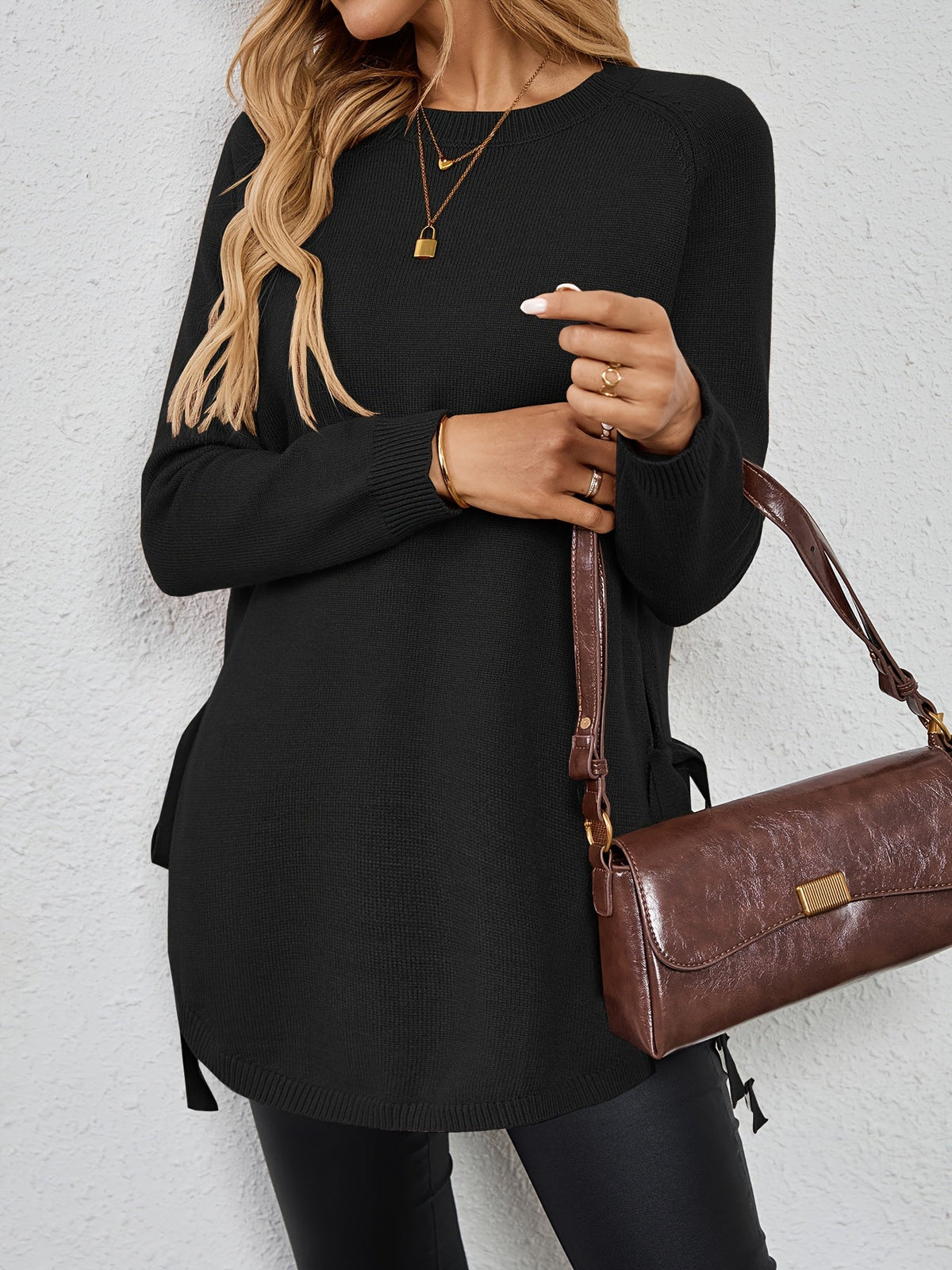 Women's Longline Sweater - Round Neck Side-Slit Knit Top