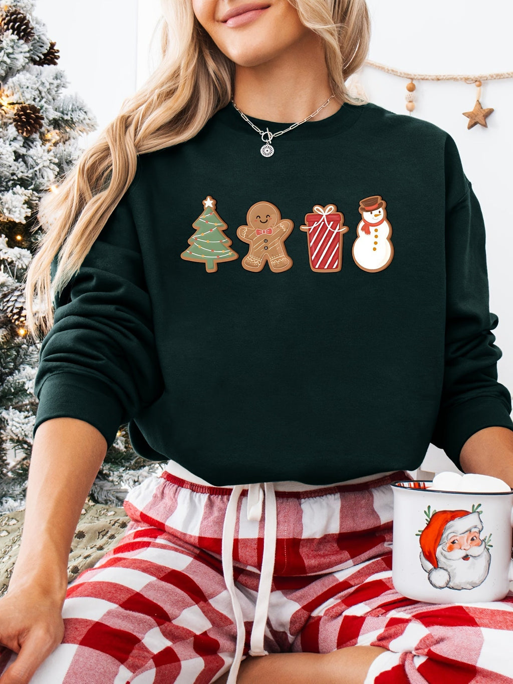 Women's Christmas Sweatshirt Gingerbread Tree Snowman Print