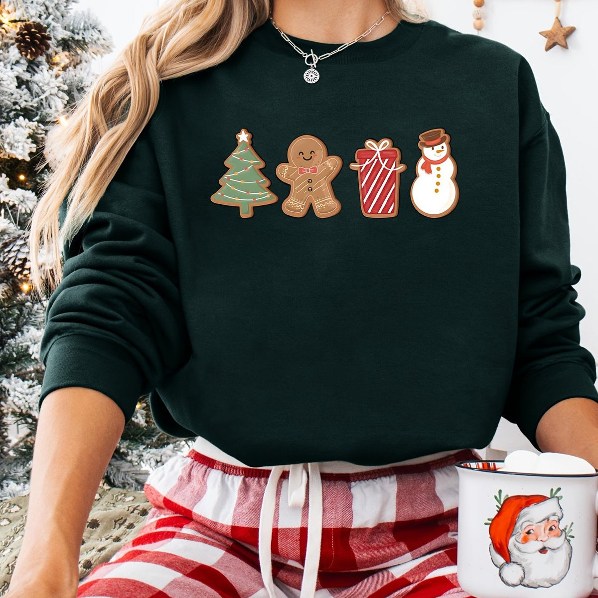 Women's Christmas Sweatshirt Gingerbread Tree Snowman Print
