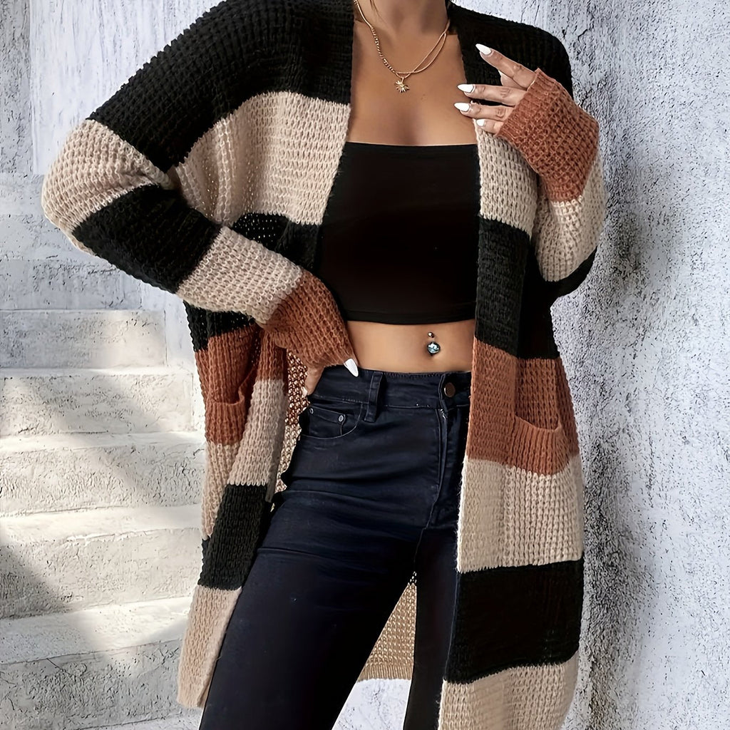 Women's Colour-Block Cardigan - Longline Open-Front Knitwear